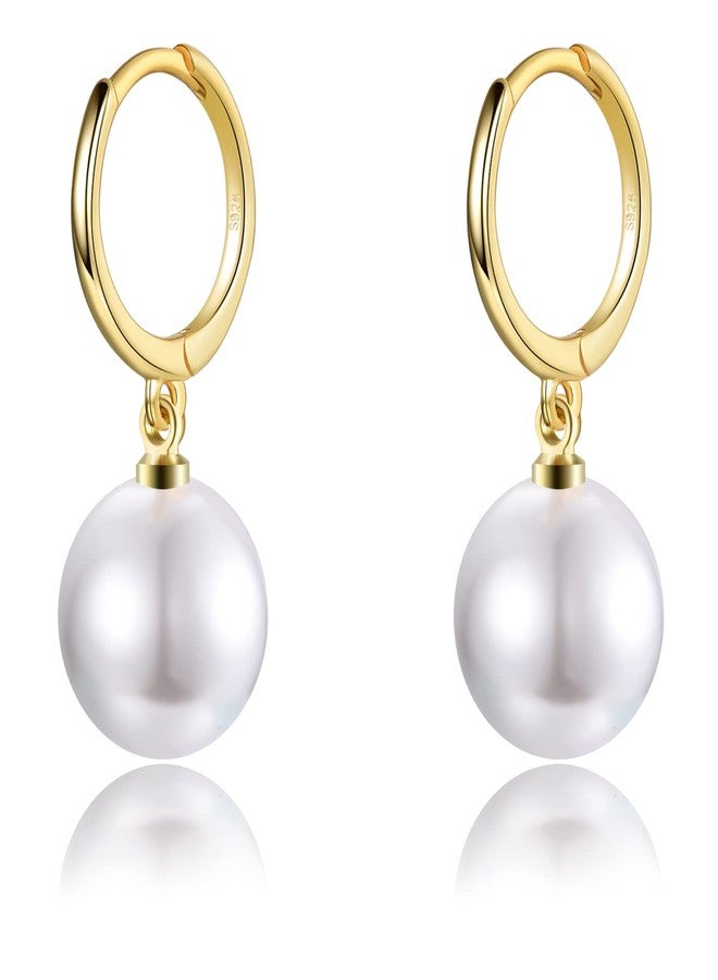 EPIRORA Sterling Silver Simulated Shell Pearl Hoop Earrings Dangle Drop Earrings Jewelry for Women 10mm, Gold (Round) - Image 1